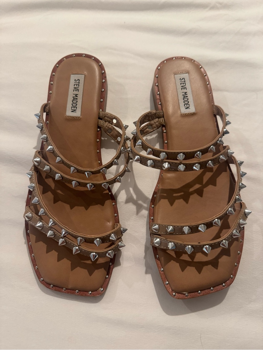 Steve Madden Tan Leather Slide Sandals with Silver Studs